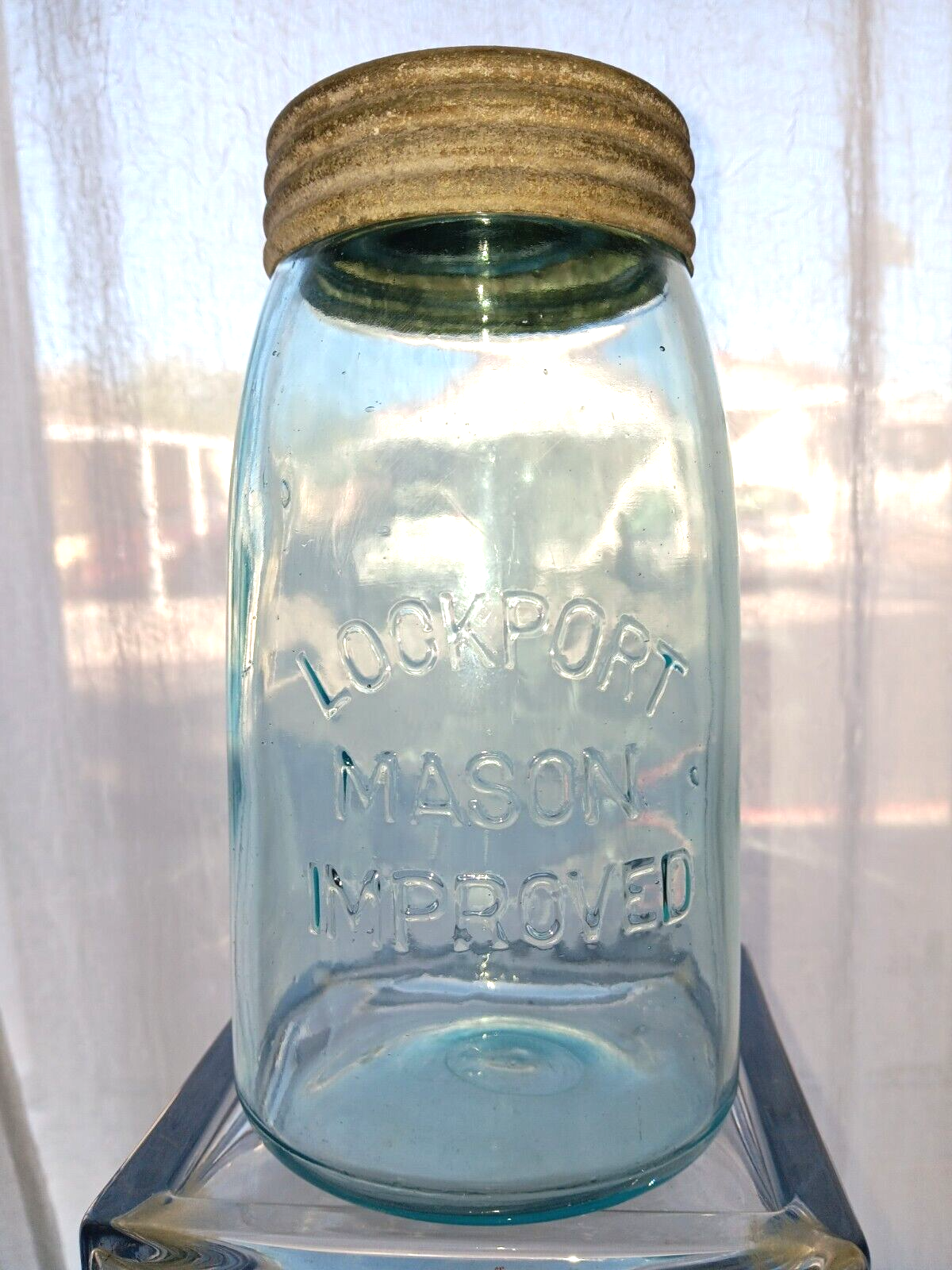 LOCKPORT MASON IMPROVED aqua quart fruit jar glass insert zinc band