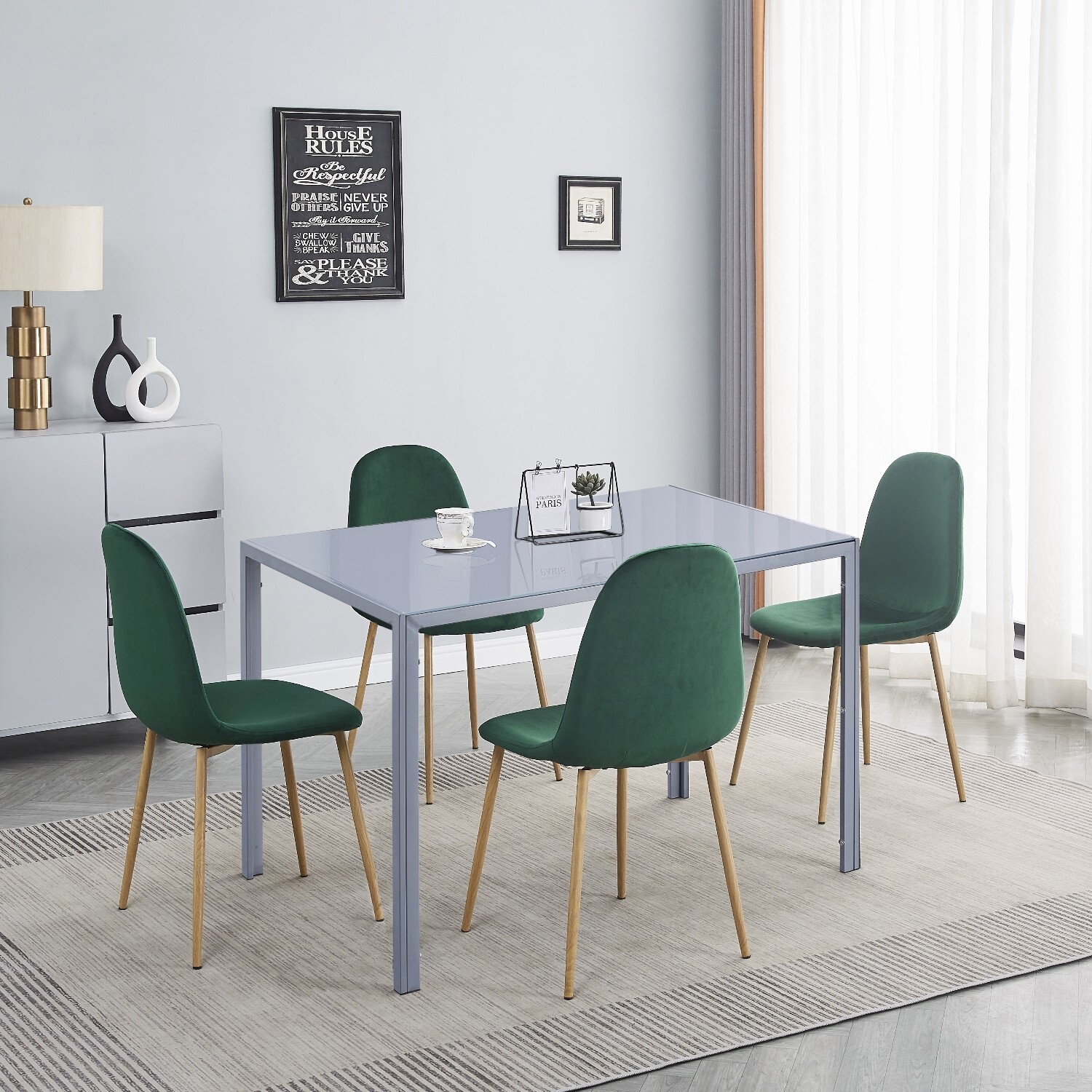 4pcs Green Velvet Dining Chairs Wooden Effect Metal Legs Kitchen Dining