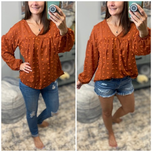 Swiss Dot Long Bubble Ballon Sleeve V-Neck Floaty Top Rust - Picture 9 of 9