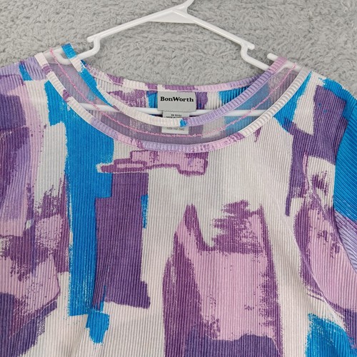 BonWorth Top Women Medium Purple White Abstract Geometric Blouse Stretch Comfort - Picture 4 of 6