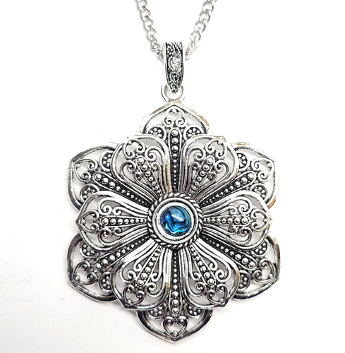 Abalone Mandala Pendant Necklace Statement 33" Chain Large Lotus Bib Jewellery - Picture 23 of 24
