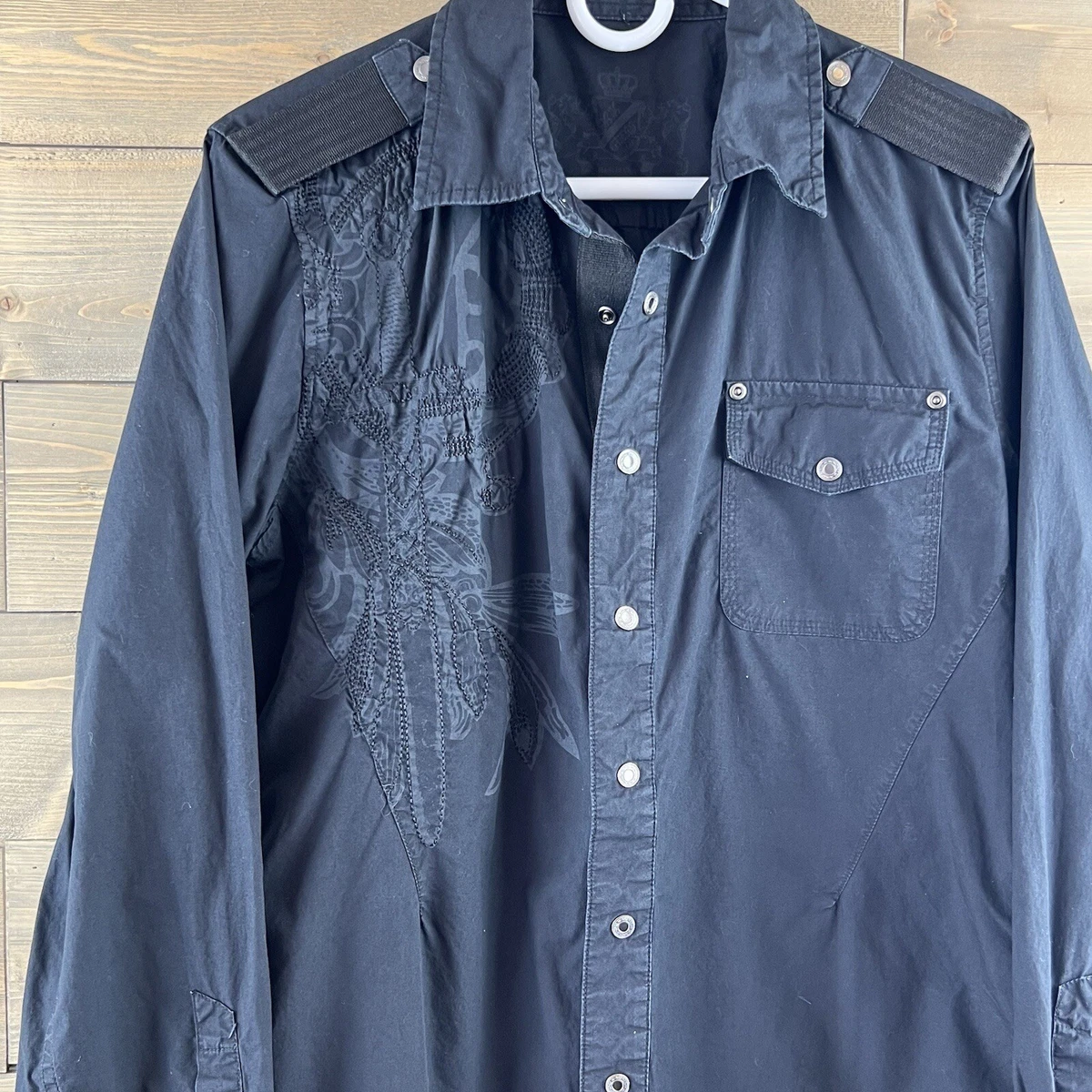 Camisa Guess Para Hombre Manga Larga Bordada a Presión Algodón Negra Talla Mediana