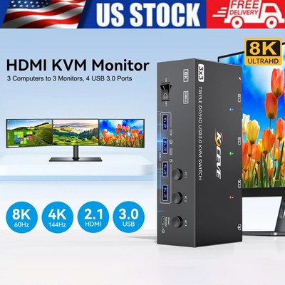 8K KVM HDMI Switch USB 3.0 Displayport 3 Monitors 3 Computers Multiple Display