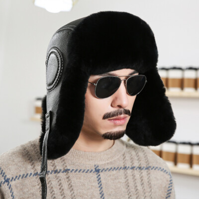 Men Real Rabbit Fur Hat Russian Hat Warm Real Sheep Leather Trapper Aviator Cap