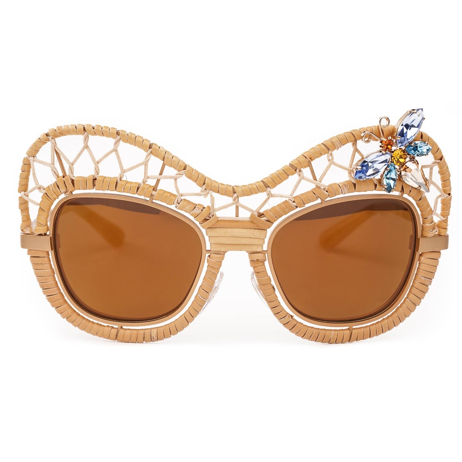 Солнцезащитные очки Dolce & Gabbana Special Edition с соломенной брошью и кристаллами, Золотые 09423