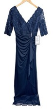 Betsy Adam Dress Size 4 Blue Maxi Gown Sequined V Neck Short Sleeve NEW