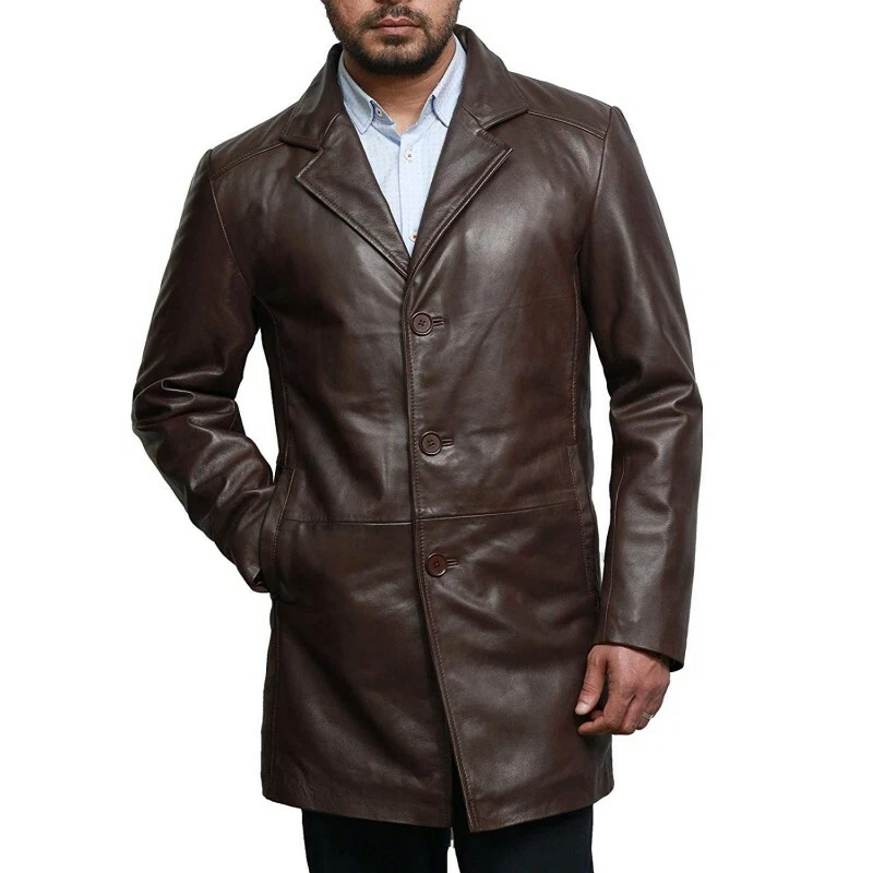 Coat Leather Long Jacket Mens Trench Brown Men Sheepskin Length Winter Biker 5