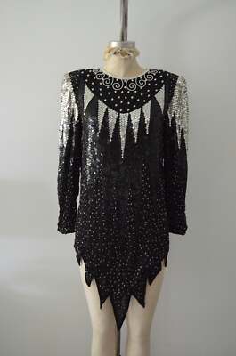 Saks Fifth Avenue Bejeweled Long Sleeve Top Dress Sequined Beaded Edge Wave Geo