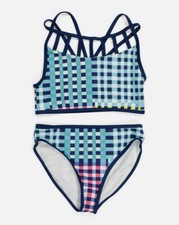 JANTZEN Girls Swimsuit Tankini Bikini Bottom 2 Piece Gingham Sz 12 L Pink Blue