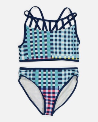 JANTZEN Girls Swimsuit Tankini Bikini Bottom 2 Piece Gingham Sz 12 L Pink Blue