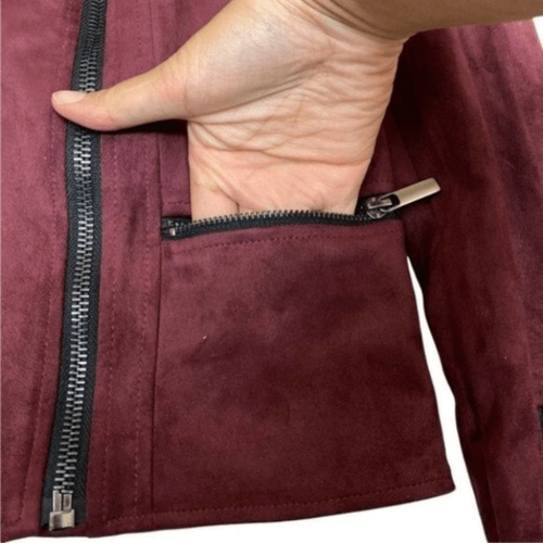 Kut from the Kloth Womens XS Eveline Faux Suede Moto Jacket Burgundy Pockets Zip - Picture 9 of 11