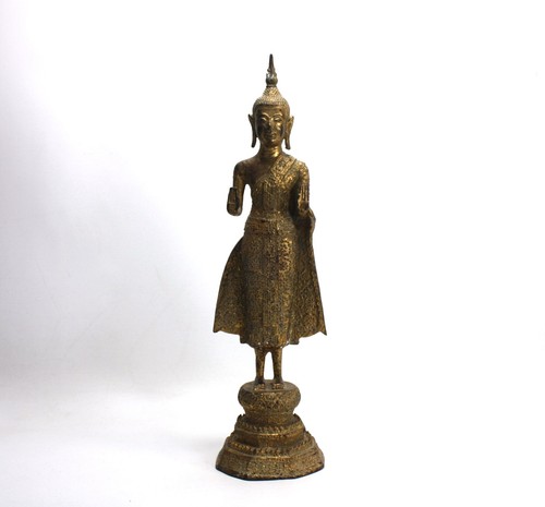 Antique Thai Rattanakosin period standing Buddha, c. 1900, 34.4cm high. Gilt.