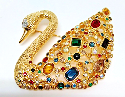 Swarovski Crystal Centenary Swan Brooch With Box COA Multicolored  Rhinestones