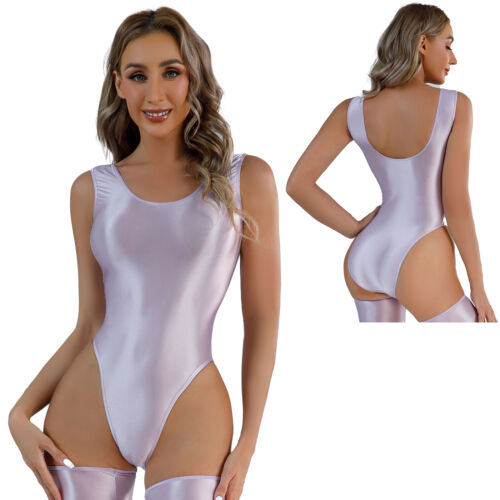 Women's Stretchy High Cut Bodysuit Oil Glossy Thong Leotard One Piece Swimwear - Picture 36 of 81