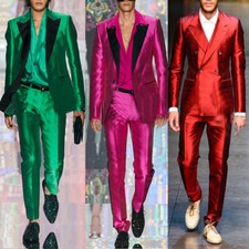 Silk Satin Men Suits Wedding Tuxedos 2 Pieces Slim Fit Formal Peak Lapel Party