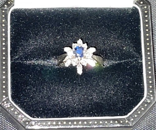 18K White Gold .28 Ct Natural Blue Sapphire .36 Ct Round Diamond Ring APPRAISED - Picture 7 of 12
