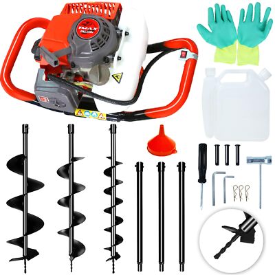 62CC 2.1KW Gas Post Hole Auger Digger W/ 3 Bits (3'' 5'' & 8'')+3 Rods(24''24''24'')