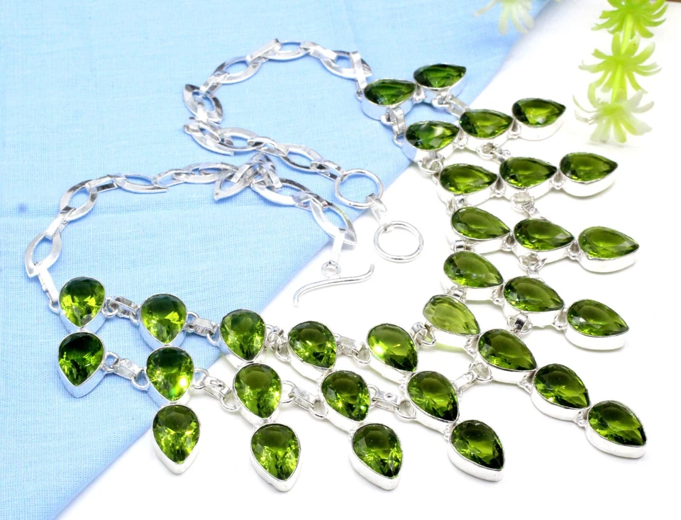 Green Peridot Gemstone 925 Sterling Silver Jewelry Necklace Gift For Her 17-18 - Image 2 of 4