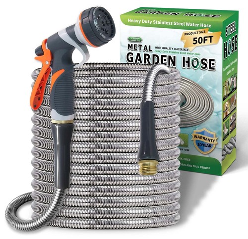 50 ft Lightweight Stainless Steel Garden Hose, Flexible & Thorn Proof Metal Hose
