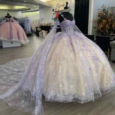 Shiny Princess Quinceanera Dresses Ball Gowns With Cape Applique Prom Sweet 15