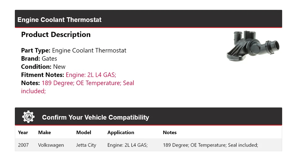 Para Volkswagen Jetta City 2007 2L L4 motor gas refrigerante termostato puertas Foto 2 de 4