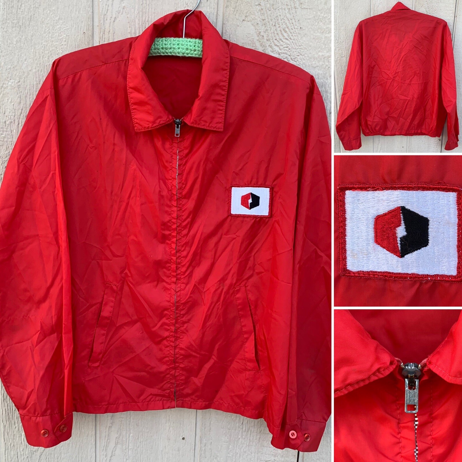vintage windbreaker jacket red nylon Lenzip metal zip… Gem