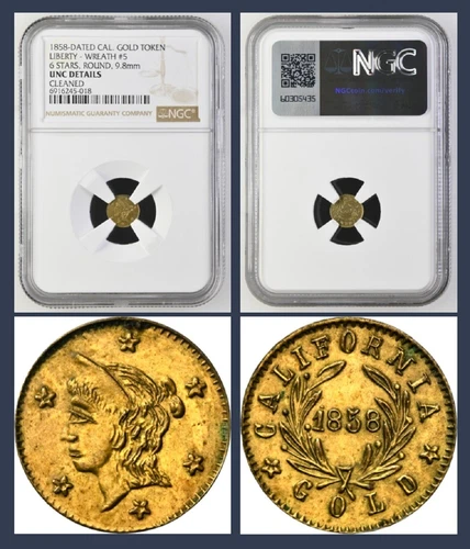 1858 CALIFORNIA GOLD LIBERTY - WREATH #5 6 STARS, ROUND, 9.8mm / NGC UNC Details