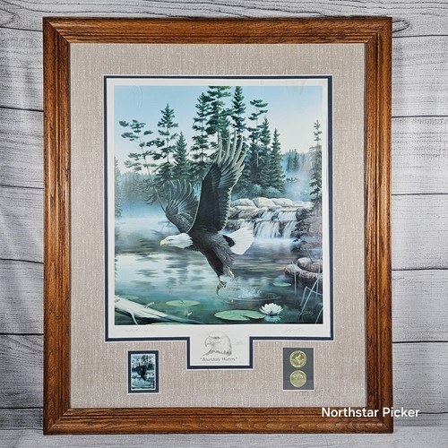 VTG 1990 "Boundary Waters" Framed Limited Edition Print w/ Stamp & Coins - Picture 1 of 9