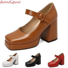 Women Square Toe Platform OL Shoes Ankle Strap Chunky Heels Mary Jane Shoes