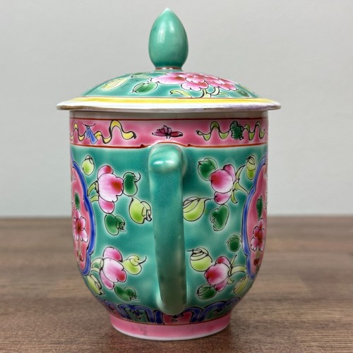 Antigua taza de té Peranakan porcelana Nyonya Ware + tapa estrecha verde chino rara - Imagen 2 de 9