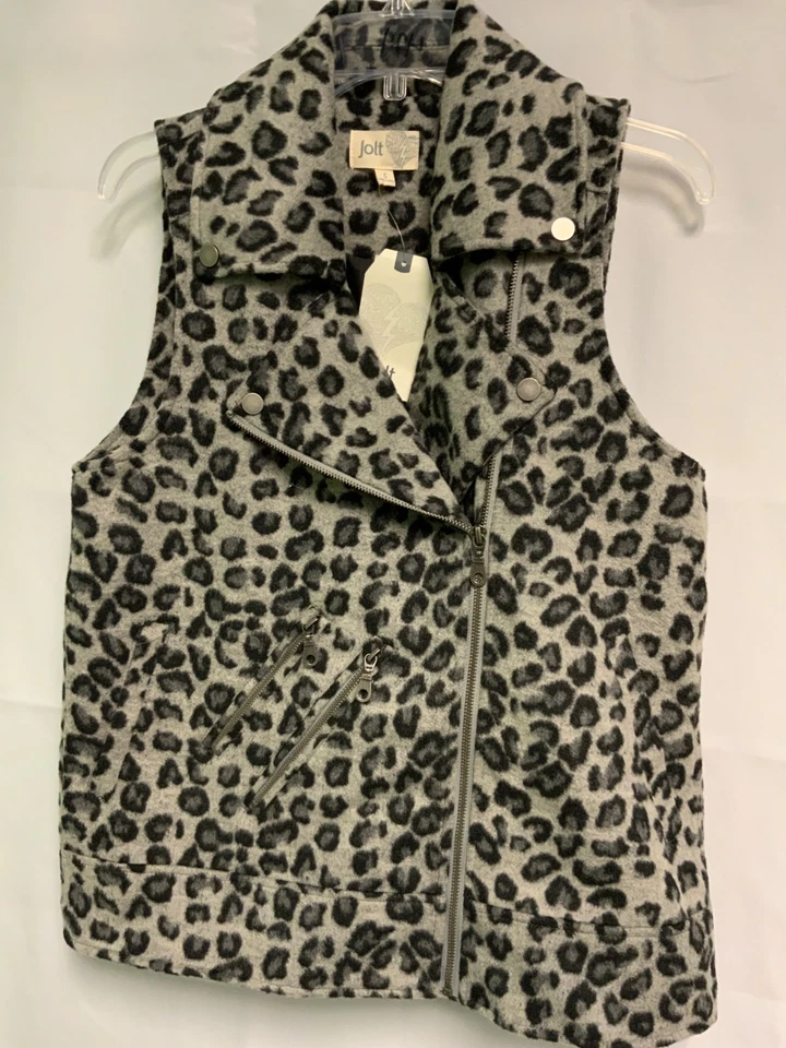 Jolt Women's Sz S Moto Vest Grey/Black Leopard Animal Print - Image 2 of 3