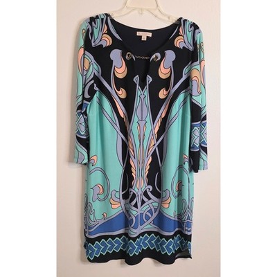 Db Dress Barn Dress Blue Multi Women's Size XL Gold Chain Accents Fully Lined 