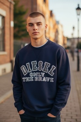 Diesel S-Joe-B Felpa Herren Sweatshirt M Blau Logo Bestickt Rundhals Vlies