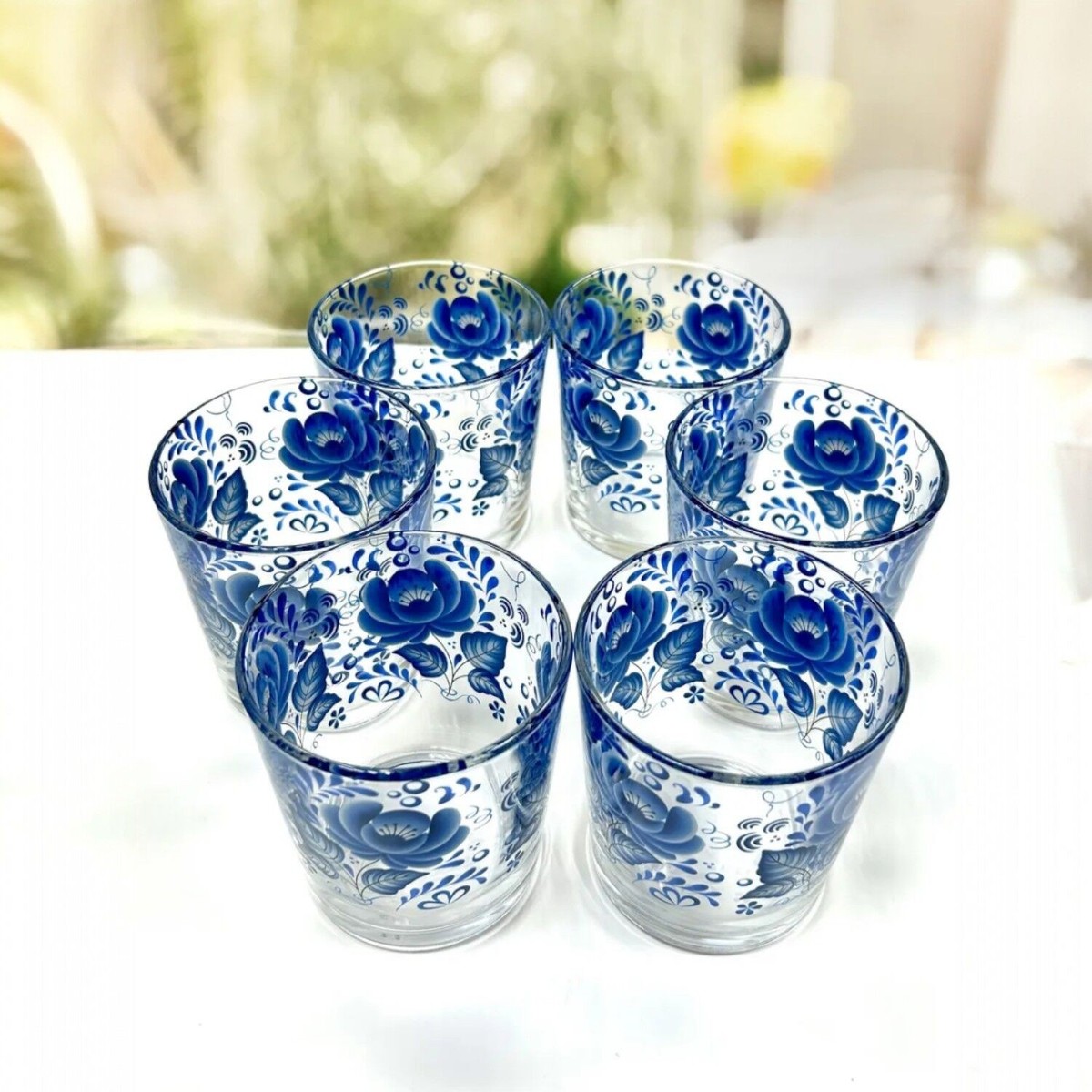 SET OF 6 Blue Flower GLASSES Juice Drinking Glasses Set [6 pc x 10 fl oz  each]