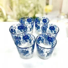 [SET OF 6] Blue Flower GLASSES Juice Drinking Glasses Set 6x7 fl oz