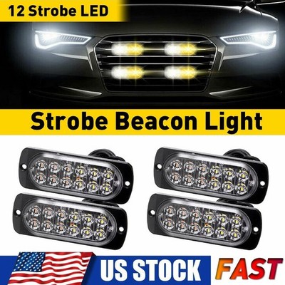 4pcs White / Amber 12 LED Car Truck Beacon Warning Hazard Flash Strobe Light EAG