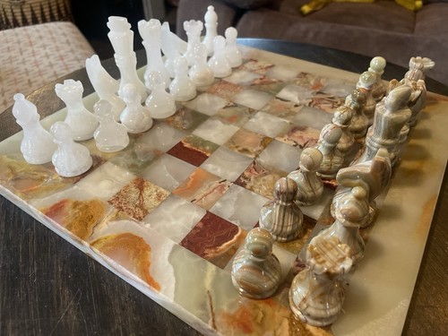 Vintage Brown & White All Marble Stone Complete Chess Set Beautiful Heavy