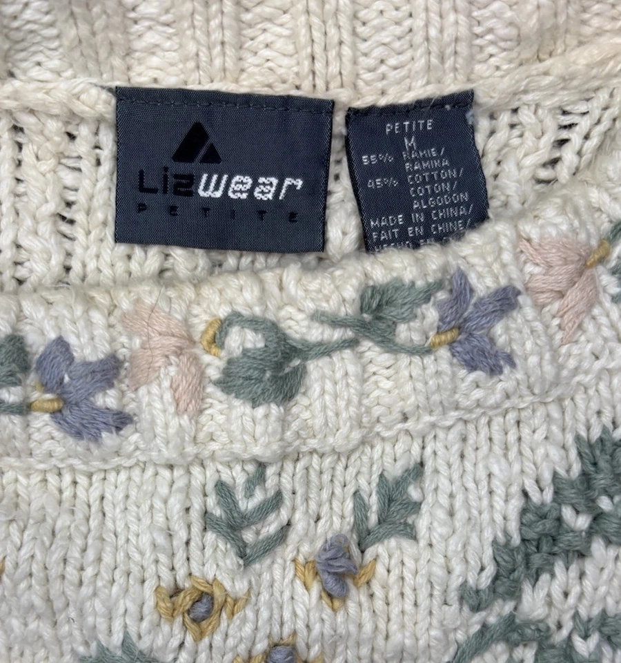 Suéter Floral Lizwear Petite Crema Ramie Algodón Tejido Años 80 Cottagecore Foto 4 de 4