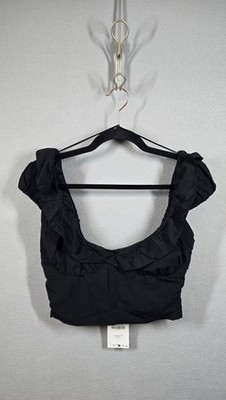 Zara Crop Top Womens Medium Black Ruffle Square Neck Sleeveless Fitted New Tag