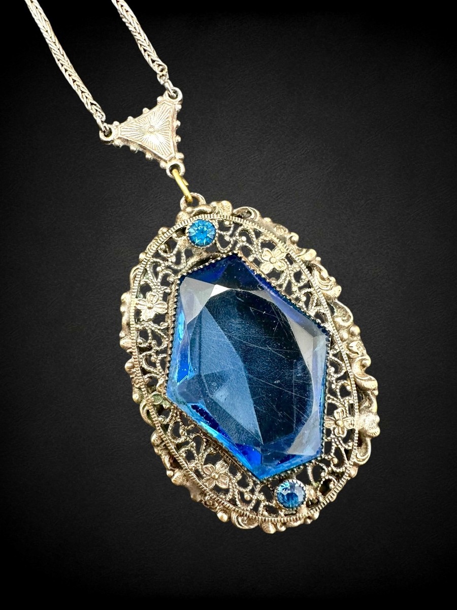 アンティークネックレス Vintage Antique Art Deco Blue Glass Pendant Necklace Filigree