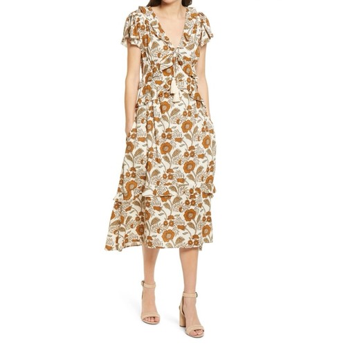 Faherty Bonita cremefarben Avignon Wiese Blumenmuster Baumwolle kurze Ärmel Modi Kleid Small