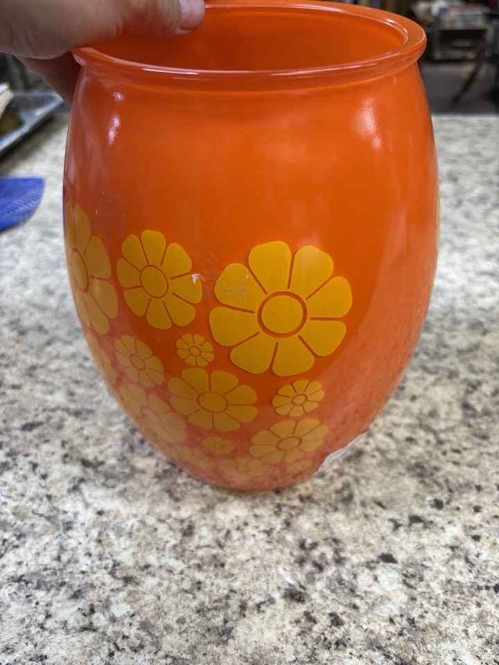 Vintage Midcentury Bartlett Collins Glass Cookie Jar Orange with Yellow Daisies - Image 4 of 4