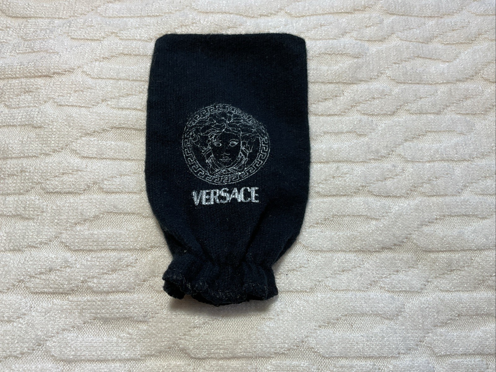 Versace Small Blue Fabric Jewelry Pouch Empty Elastic Bag 4.25 x 2.5 in thumbnail 2