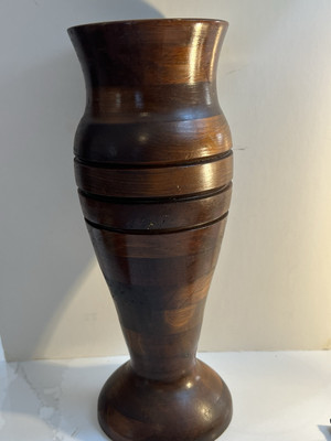 Hand Turned  Wood Vase Carved Flower Frog To Hold Artificial Flowers 10  Signed