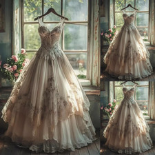 Vintage Champagne Wedding Dresses Straps A Line Ruffles sleeveless Bridal Gowns