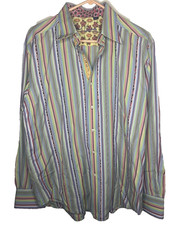 Robert Graham Men's Dress Shirt Striped Paisley Trim Flip Cuff Size Large