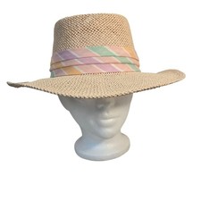 Woven Straw Sun Hat with Pastel Striped Ribbon Band Wide Brim Fedora Style