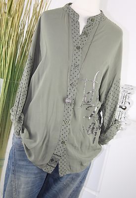 ITALY MODA Tunika PAISLEY Hemd ORNAMENT Schrift Bluse OLIV Shirt M L 38 40 H/M