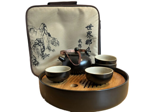 Set da tè da viaggio cinese set portatile ceramica teiera porcellana nero 8 pezzi + vettore - Foto 1 di 12