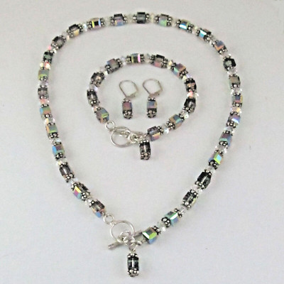 Swarovski Kristall Schwarz Diamant AB Fein Schmuck Set Sterlingsilber Abstandshalter